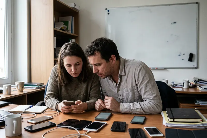 Une équipe de développement teste la même application sur plusieurs téléphones posés sur une table de travail.
