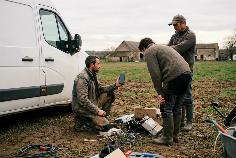 Deux techniciens d’intervention sur un site industriel consultent une application sur un smartphone près d’une presse hydraulique.